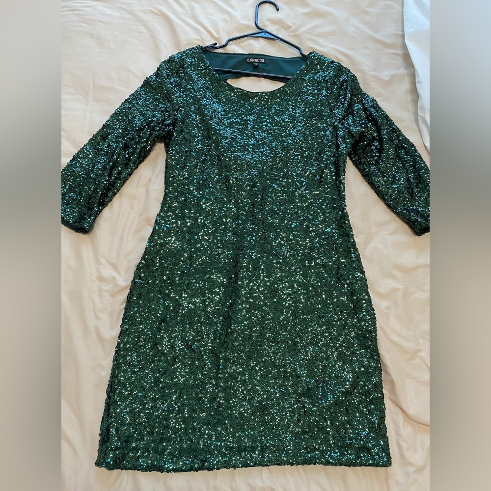 Express green sequin backless cutout dress